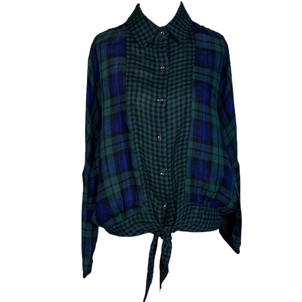 Umgee Women's Plaid Button Up Tie Front Shirt Green Blue Long Sleeve Size S